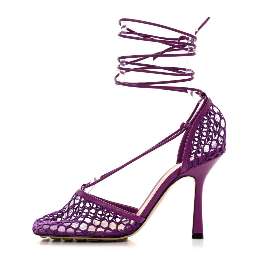 Bottega Veneta Web Stretch Mesh Square Toe Wrap Lace Sandals Heels Shoes